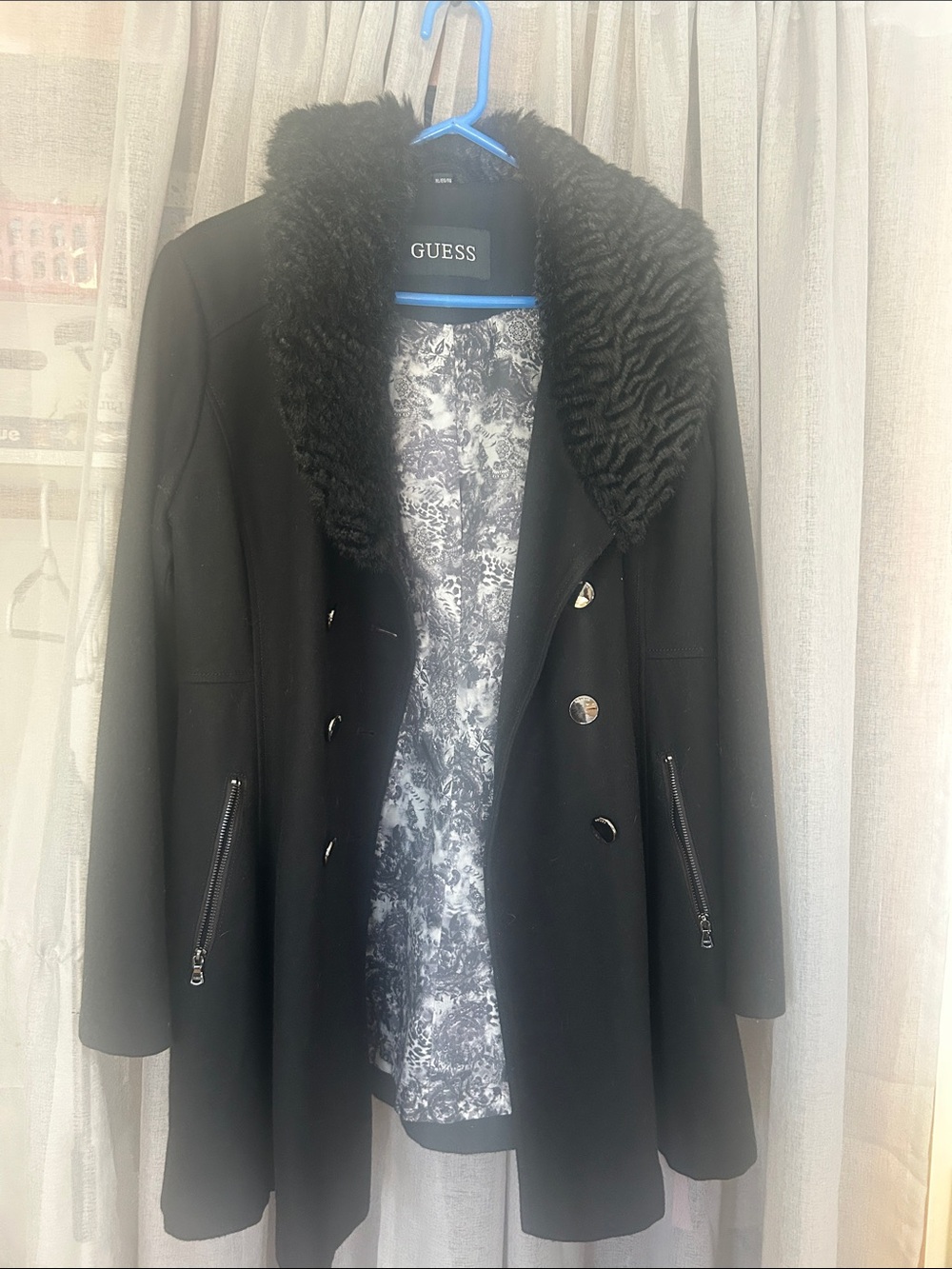 GUESS Black Pea Coat with Faux Fur Shawl Collar